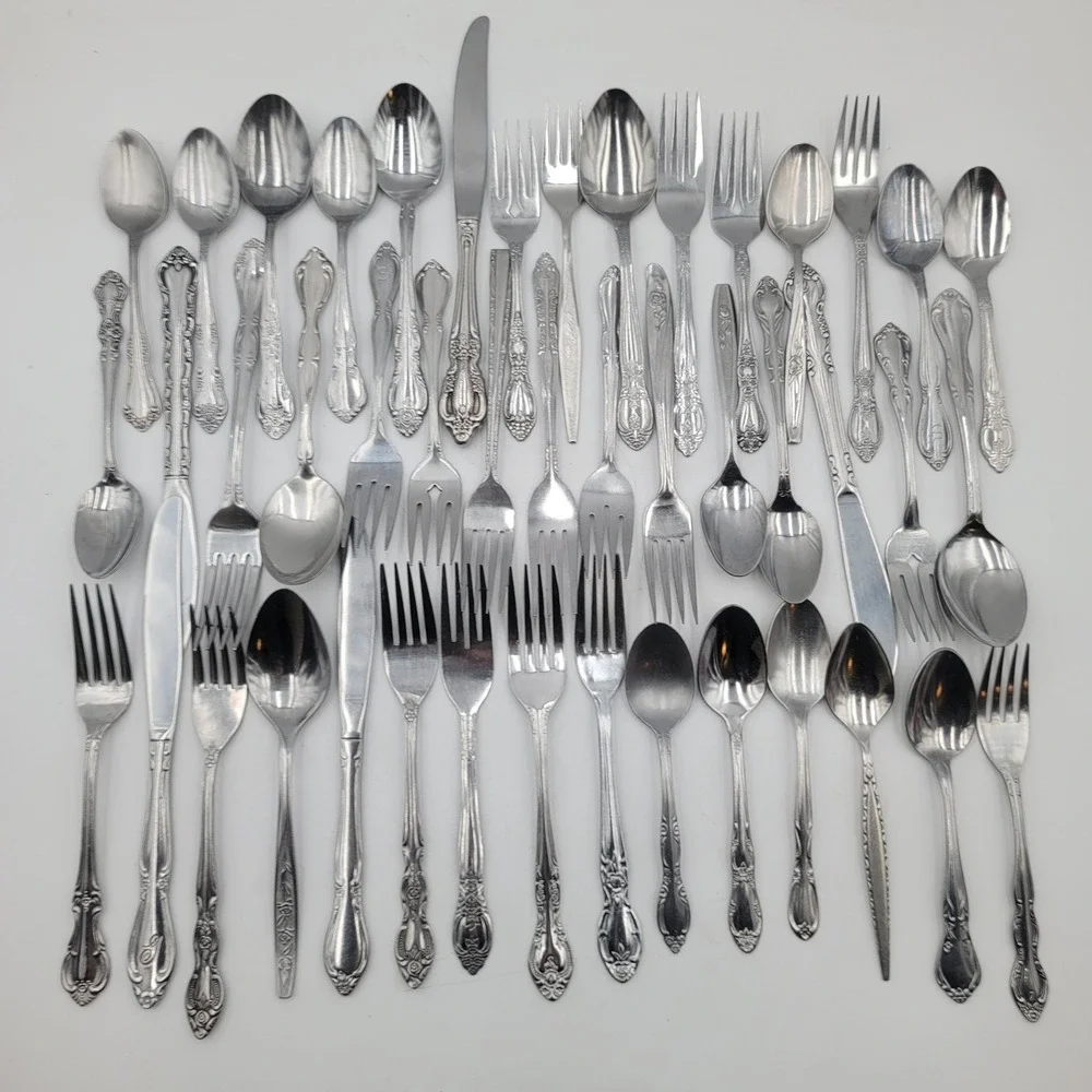 45pc Mixed Flatware Lot Ornate Floral Stainless Steel Silverware Forks Spoons